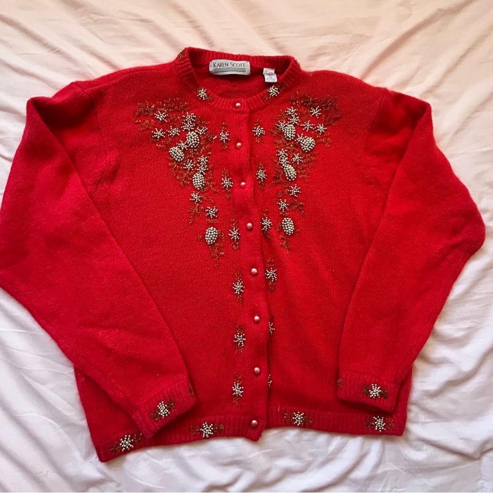 Vintage Karen Scott Red Embellished Button-Front Women's Sweater